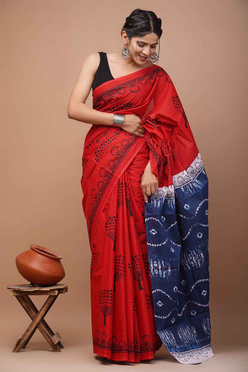 Indigo Ember Red Dual Harmony Mulmul Cotton Saree