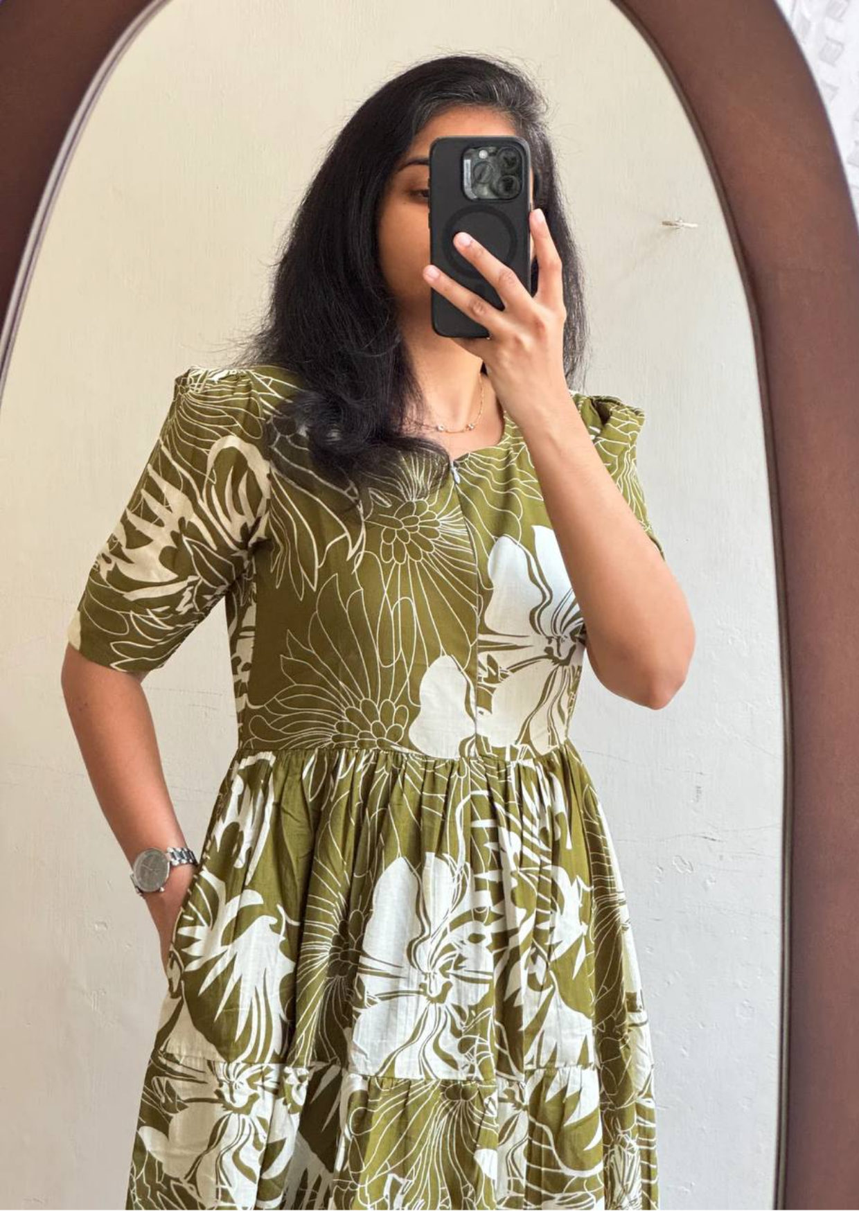 Olive Botanical Soft Cotton Midi Dress