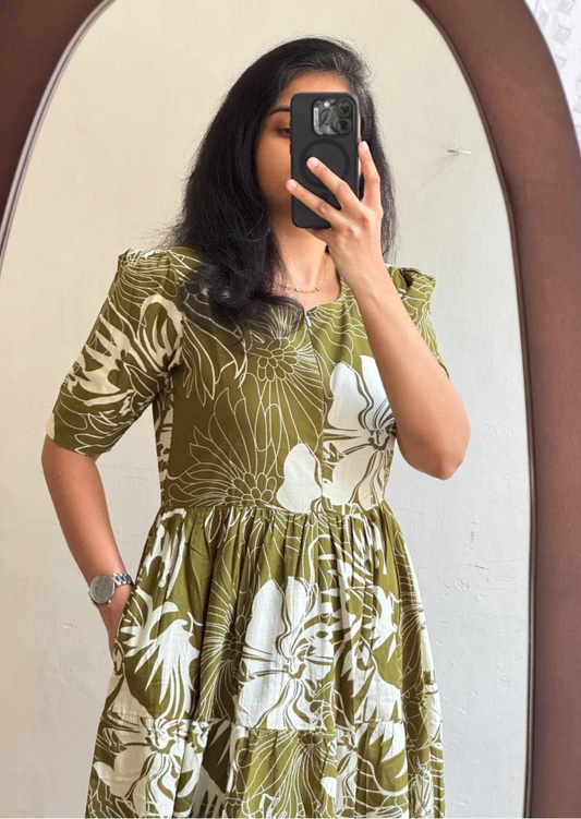Olive Botanical Soft Cotton Midi Dress