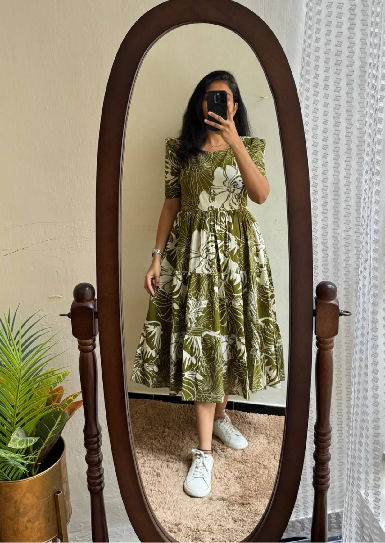 Olive Botanical Soft Cotton Midi Dress