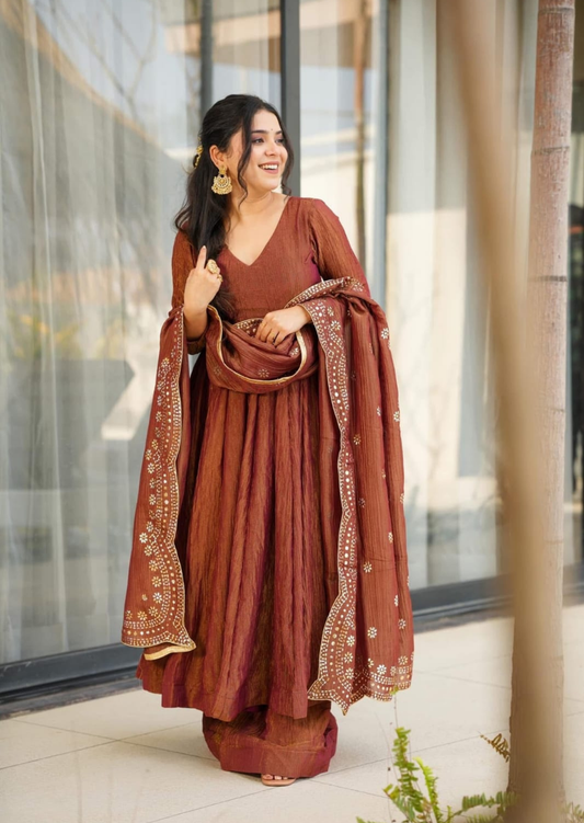 Mridula Tamra Chinon Anarkali Suit Set