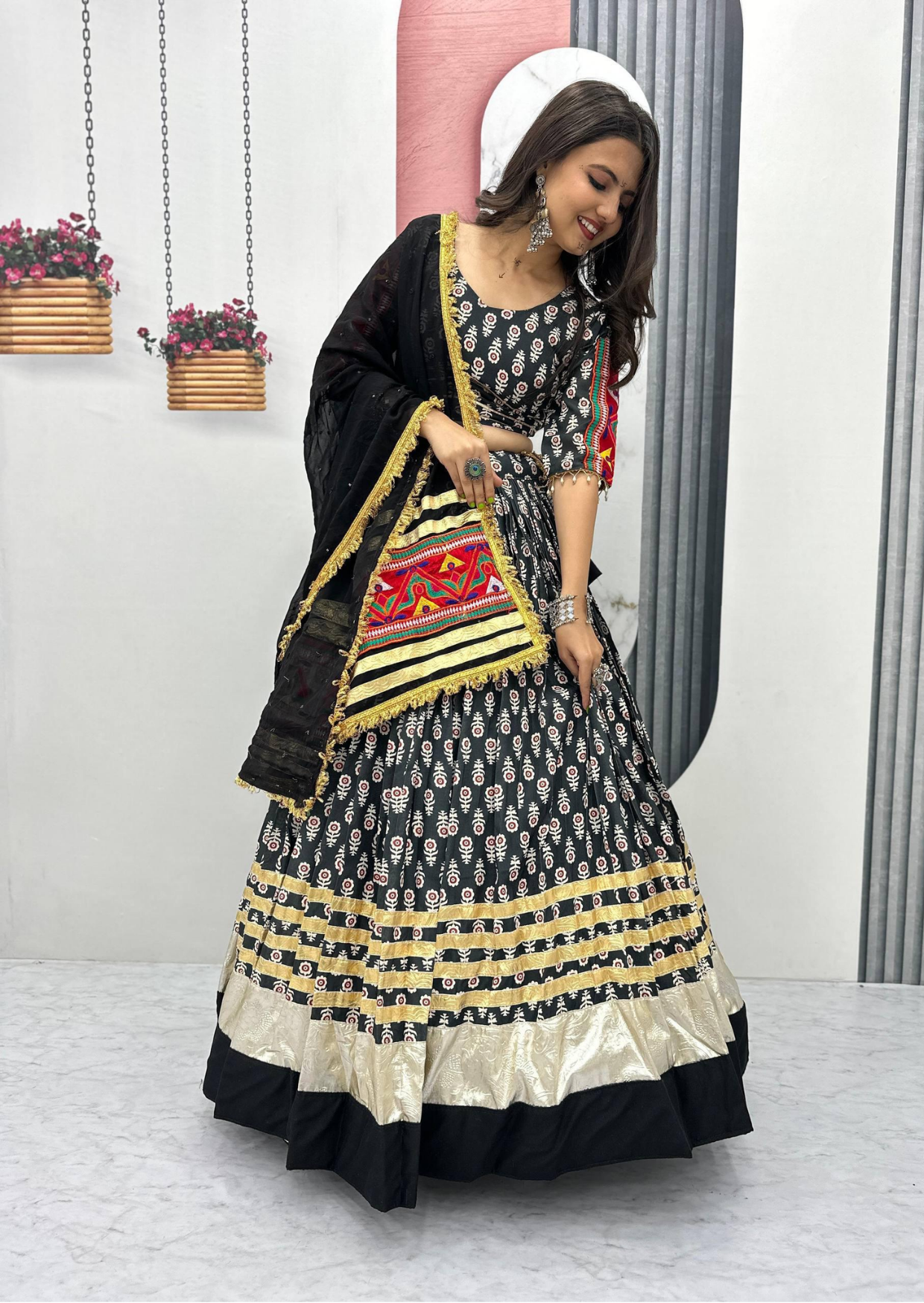 Gamathi Ribbon Work Riyon Cotton Lehenga Choli Set-0