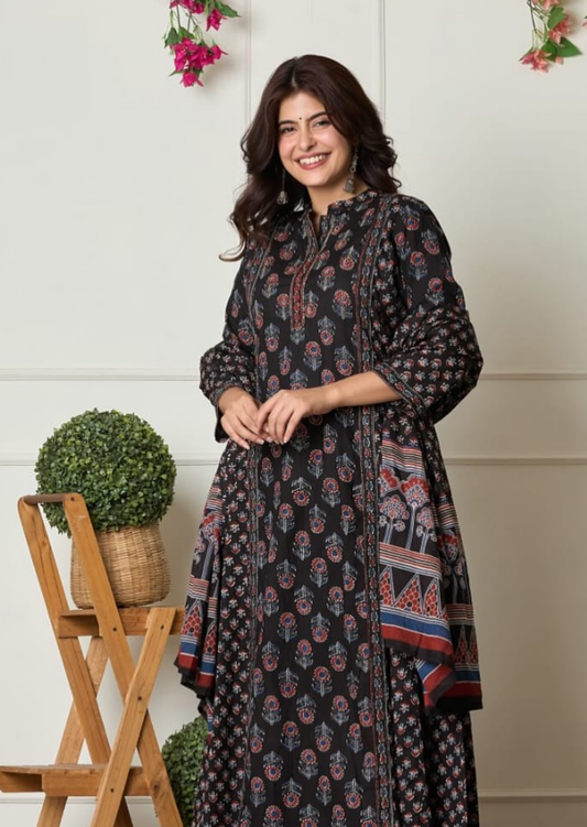 Black Ethnic Flair Printed Cotton Suit Set
