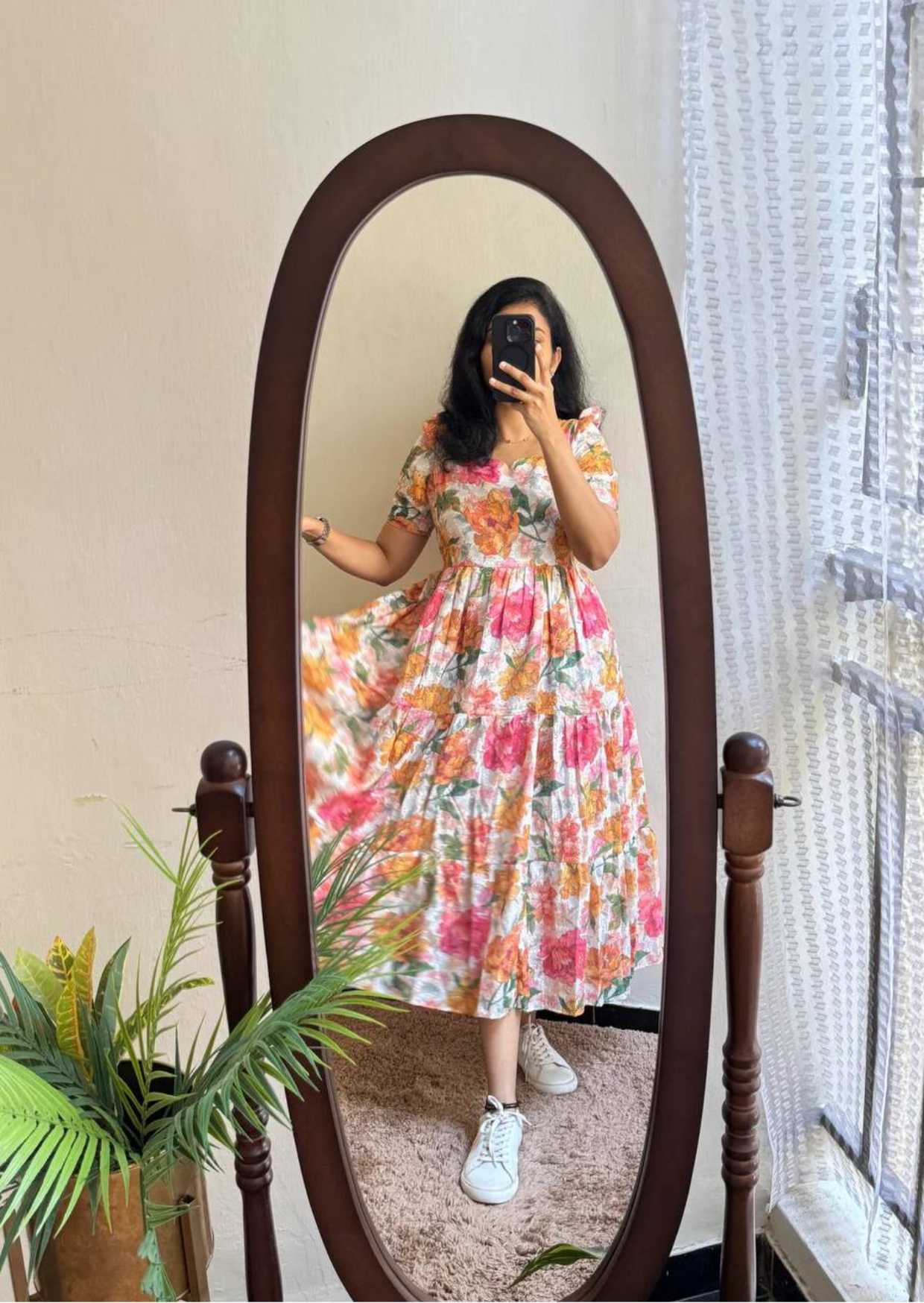 Elegant Textured Floral Football Fabric Midi Dress