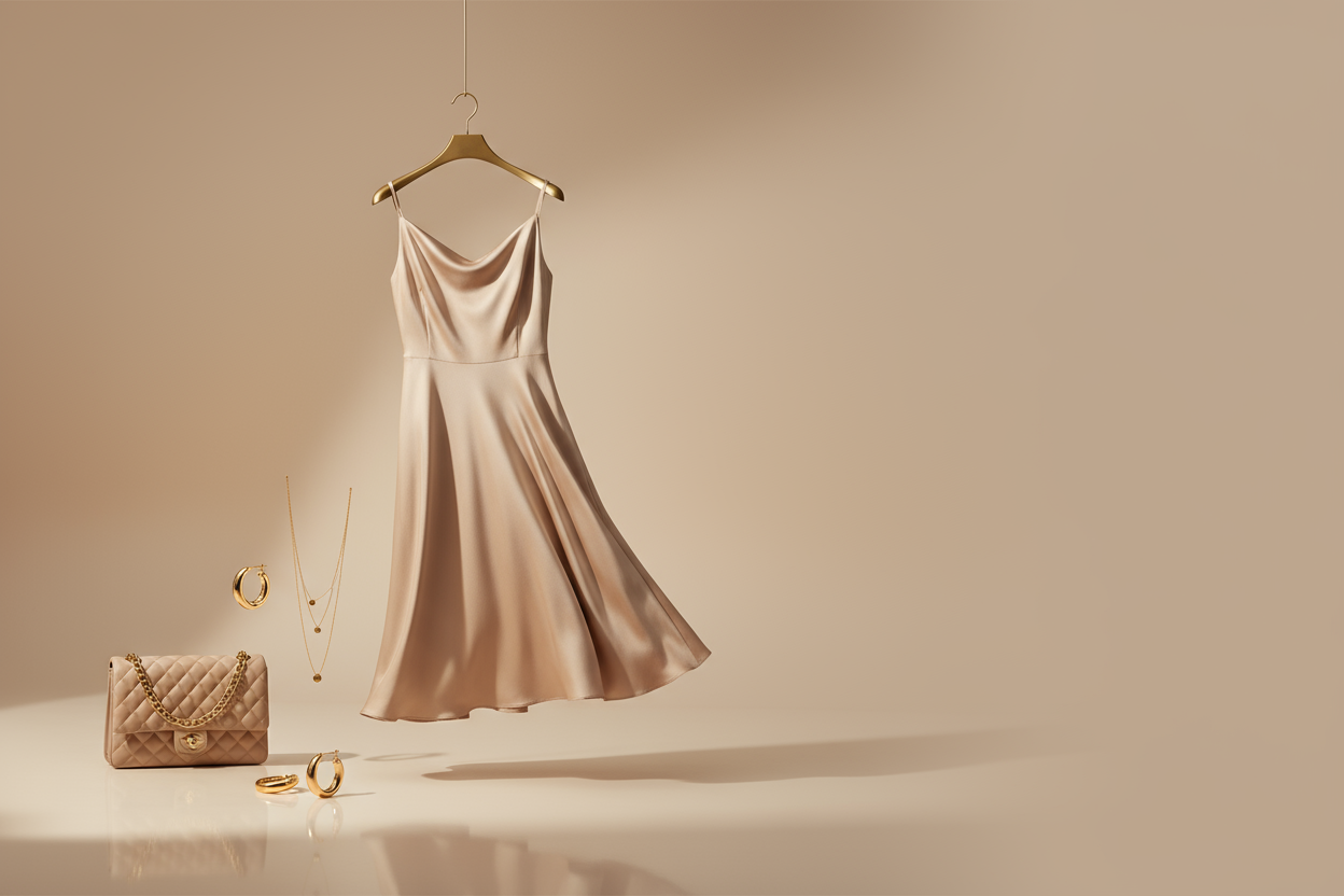 A wide luxury Shopify hero banner with a soft beige minimal studio background. Elegant women's products arranged aesthetically — a quilted handbag, gold hoop earrings, layered necklace, and a stylish beige dress displayed on a hanger or floating cleanly. Premium boutique visual style, soft shadows, negative space on the right side for text. Ultra-wide 16:9 composition, soft tone, warm lighting, minimal, sophisticated and classy.
