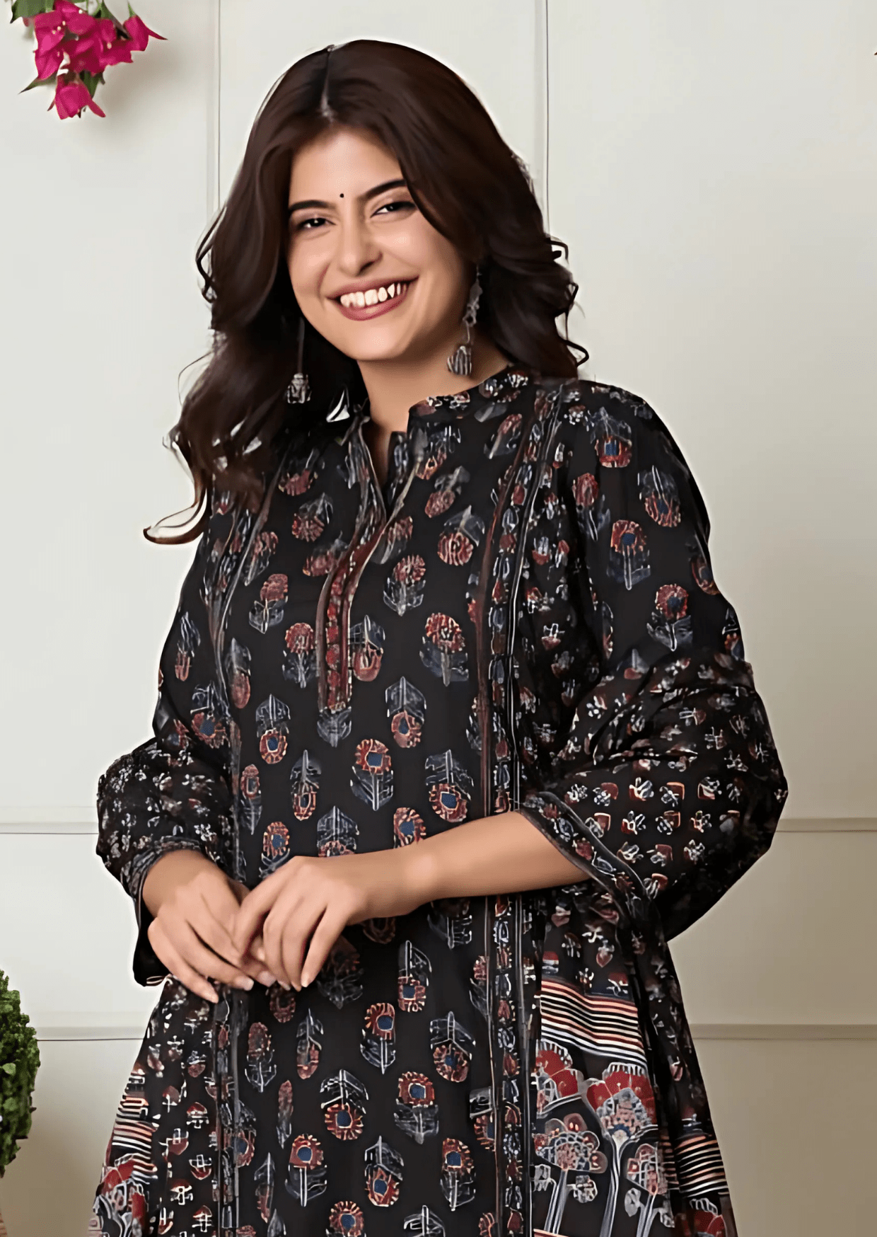 Black Ethnic Flair Printed Cotton Suit Set