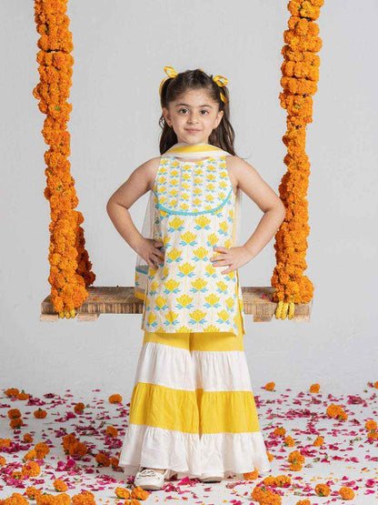 GulBano Sunshine Yellow & White Tiered Sharara Set