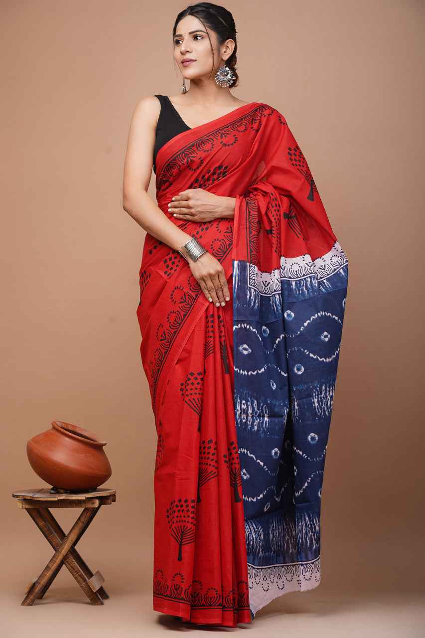 Indigo Ember Red Dual Harmony Mulmul Cotton Saree