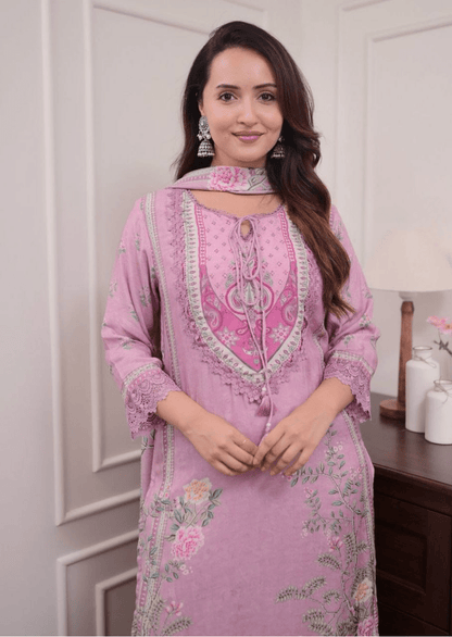 Lilac Muslin Digital Print Hand-Embroidered Pakistani Suit Set