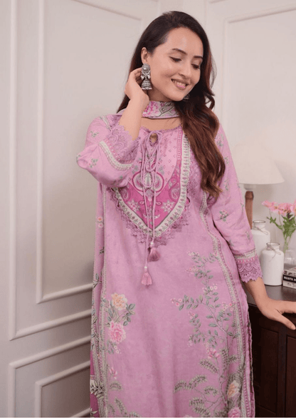 Lilac Muslin Digital Print Hand-Embroidered Pakistani Suit Set