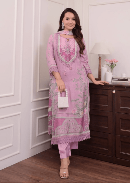 Lilac Muslin Digital Print Hand-Embroidered Pakistani Suit Set