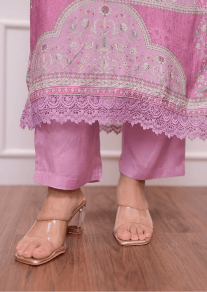 Lilac Muslin Digital Print Hand-Embroidered Pakistani Suit Set