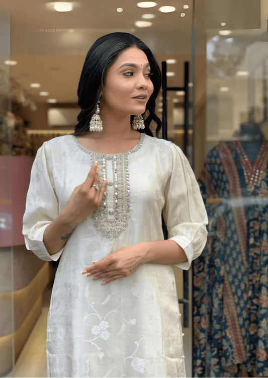 Luxe Russian Silk Jacquard Suit Set with Zari Dupatta