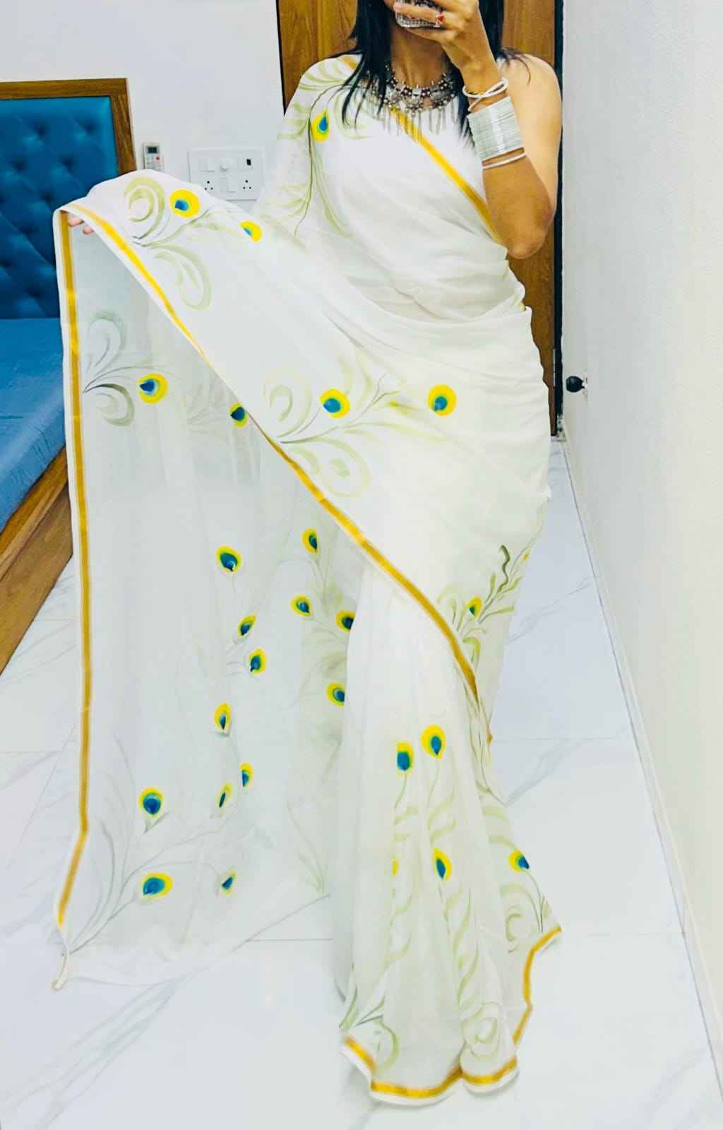 Morpakhi Handpainted Birla Cotton Saree with Golden Zari Border