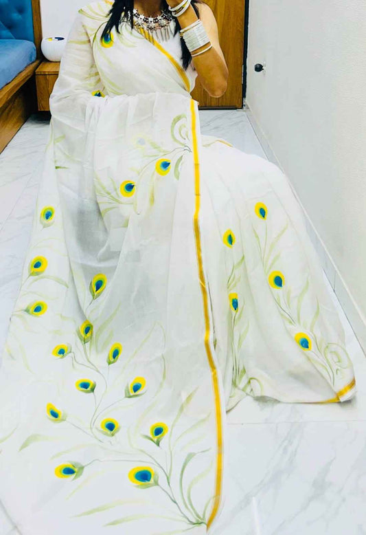 Morpakhi Handpainted Birla Cotton Saree with Golden Zari Border