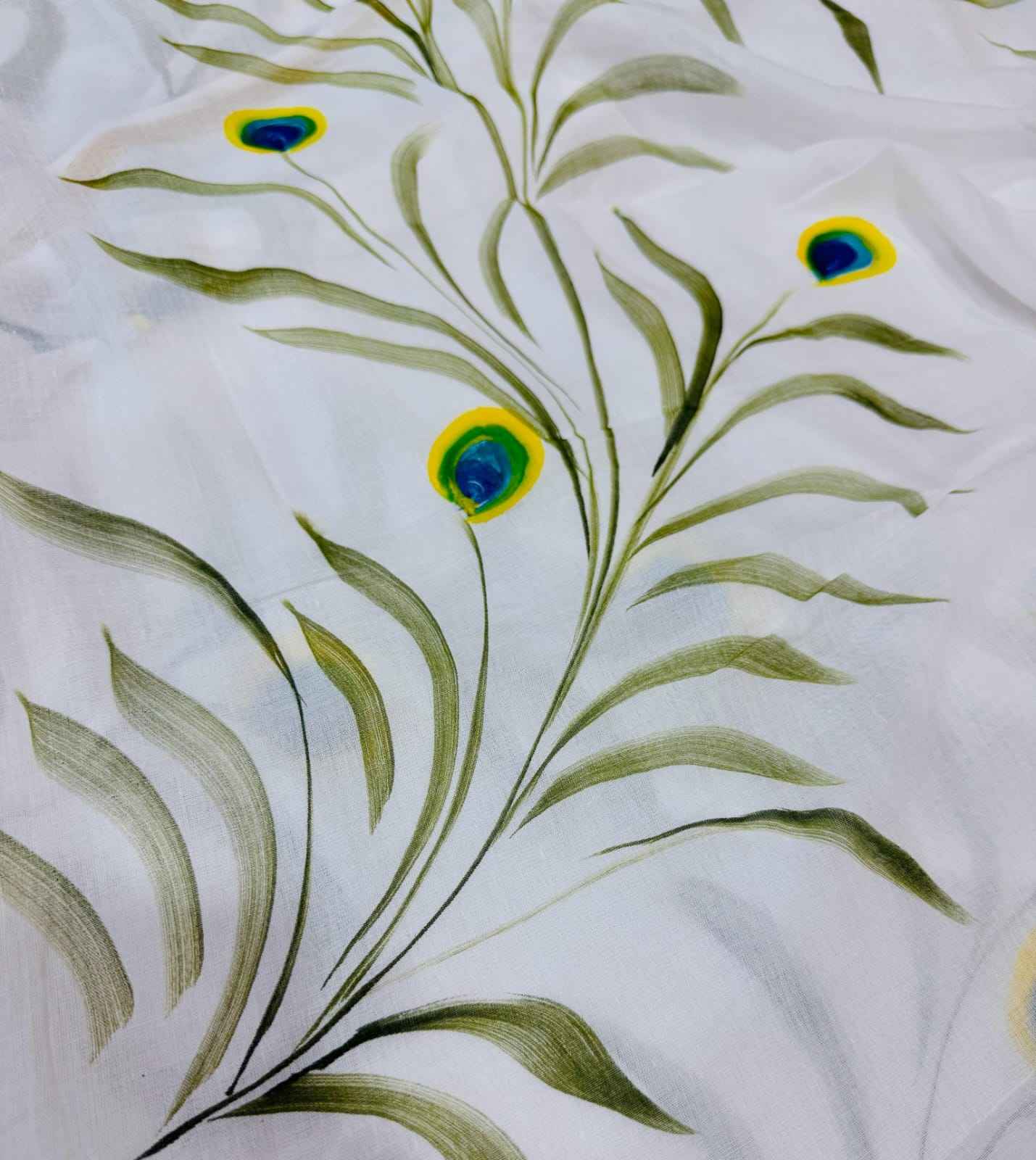 Morpakhi Handpainted Birla Cotton Saree with Golden Zari Border